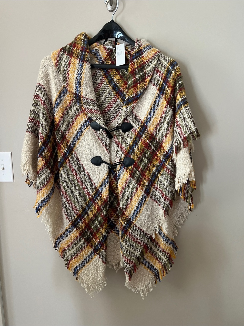 Plaid Hooded Fringe Toggle Poncho - Cream Multicolor
